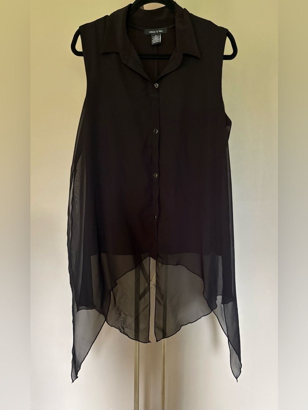 Adele & May Sleeveless Sheer Button-Down Blouse - Black Handkerchief Hemline